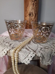 MCM Georges Briard 22K Signed Fleur de lis Design Rocks/Cocktail Glasses (2 Pc) - Picture 1 of 9