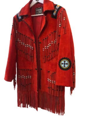 Women Red Suede Leather Western Style Jacket Fringed & Bead Work - Image 1 of 3