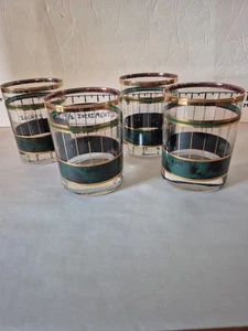 4 Vtg MCM Culver MALACHITE Green 22k Gold Striped Dble Old Fashioned Bar Glasses - Picture 1 of 8