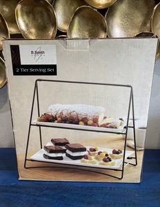 B. SMITH 2-TIER SERVING SET  WHITE APPETIZER DESSERT PLATES WITH IRON STAND - Picture 1 of 12