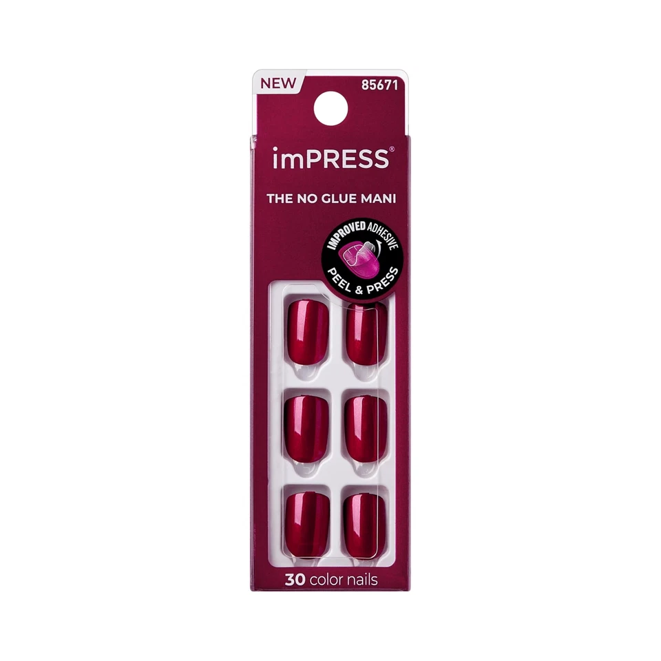 Kiss Impress The No Glue Mani Press On Nails Squoval Shape 85671 Red Velvet 30ct