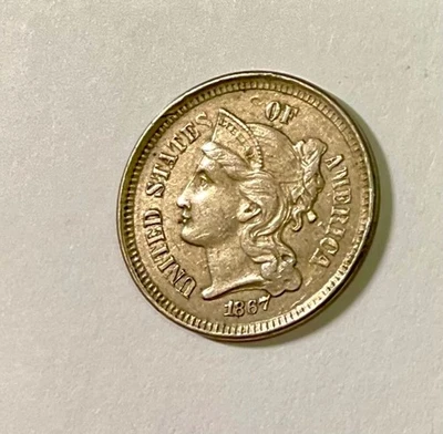 1867 USA THREE CENTS Nickel nice piece light circulation hint lustre - Image 1 of 2
