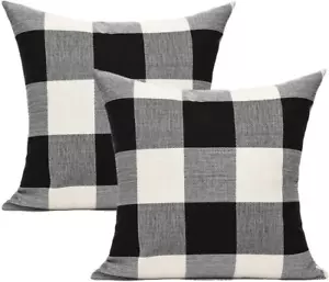 Outdoor Farmhouse Buffalo Plaids Throw Pillow Covers 18X18 Set of 2 Black White - Picture 1 of 12