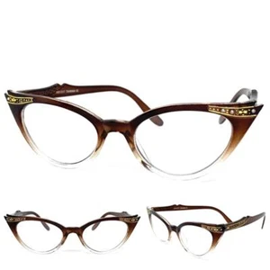Classy Elegant 50s RETRO Cat Eye Style Clear Lens EYE GLASSES Pointy Brown Frame - Picture 1 of 6