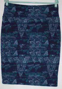 LuLaRoe Sz L Cassie Navy Blue Green Geometric Print Pencil Skirt - Picture 1 of 4