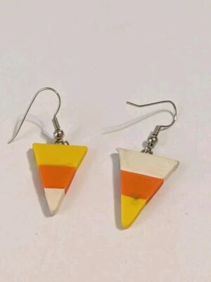 Rubber Candy Corn Hook Dangle Earrings. Silver Tone Hooks. Halloween. 1 ". - Image 1 of 4