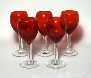 Set (5) Vintage Ruby Red Colored 3.75" CORDIAL GLASSES w/Clear Stems (1 Oz.) - Picture 1 of 6