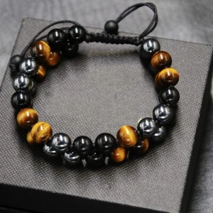 CrystalTears Mens Healing Crystals Bracelet 8mm Tigers Eye Black Obsidian Stone - Picture 1 of 8