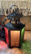 Vtg metal Brass Mcm Light Fixture lamp swag stained glass lantern patio