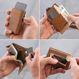 Pop-Up Credit Card Case w. RFID Protection Genuine Leather Wallet - Picture 1 of 15