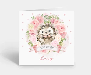 Personalised Girls Birthday Card Floral Hedgehog Niece Granddaughter Friend - Picture 1 of 2