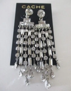 Cache Women's Silver Modern Crystal Baguette Link Chandelier Earrings NWT 54 - Picture 1 of 4