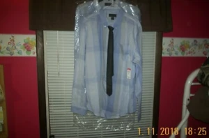 Men's New ATTENTION Shirt Blue Plaid 2XL Long Sleeve w/ Black Tie - Picture 1 of 4