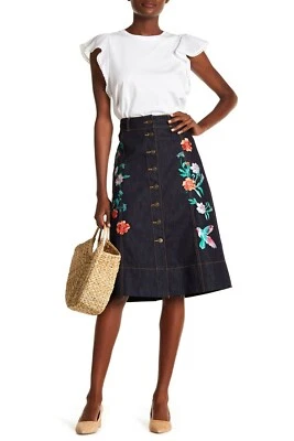 Kate Spade Denim Midi Skirt Embroidered  in Indigo Blue W26 US 2 UK 6  - Image 1 of 4