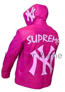 NY Yankees Letterman Varsity Leather Jacket with Removeable Hood Pink Color&Size - Picture 1 of 5