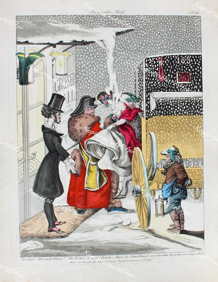 Wien Bürgertum Ball Kleid Post-Kutsche Winter Schnee Blume Pelz Mode Zylinder - Bild 1 von 1