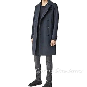 Men's | AllSaints | Miro Mac Navy Trench Coat - Double-Breasted Belted Size 34 - Picture 1 of 9