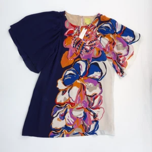Anthropologie Maeve Vero Floral Print Silk Shift Dress -M Frill Flared Arm Lined - Picture 1 of 20