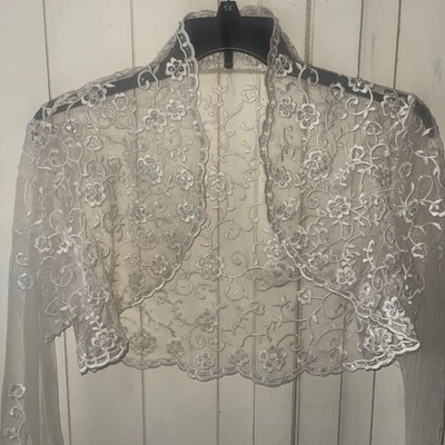 Chaqueta Hippie Boho Blanca Encaje Plateado Transparente Bolero Nupcial Mangas Largas Belle L XL Foto 1 de 4