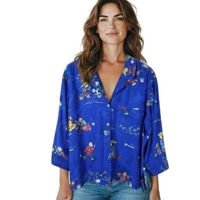 Blusa Top Estilo Kimono De Colección Diseño Chicos Para Mujer Talla 3/XL Azul Seda Motivo Asiático Foto 1 de 4