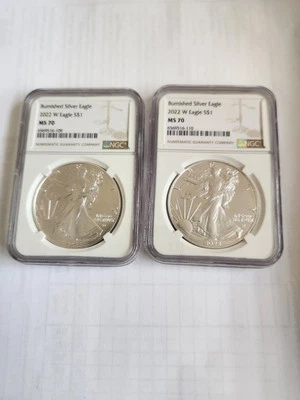 2022 W Burnished Silver Eagle NGC MS 70 S$1 Lot of 2 - Image 1 of 4