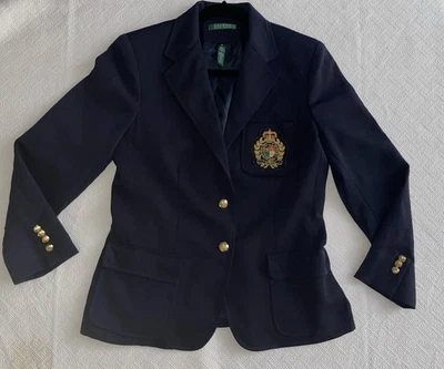 Lauren Ralph Wool Blazer Navy 2 Missing Gold Buttons Gold Crest Preppy Sz 10 Med - Image 1 of 4