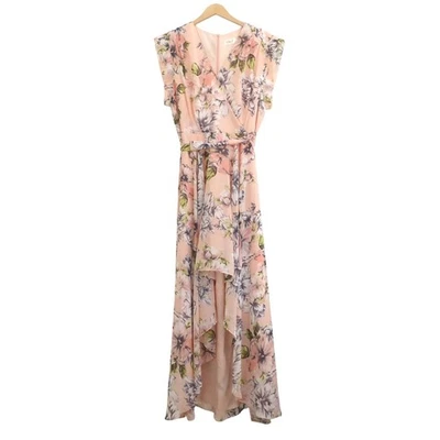 Eliza J Floral Print Maxi Dress High Low Belted Waist Cap Sleeve Pink Size 16 - Image 1 of 4
