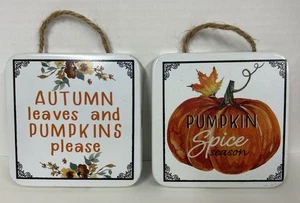 Fall Decor - Pumpkin Spice Autumn Leaves Small Metal Signs 2pc - Picture 1 of 5