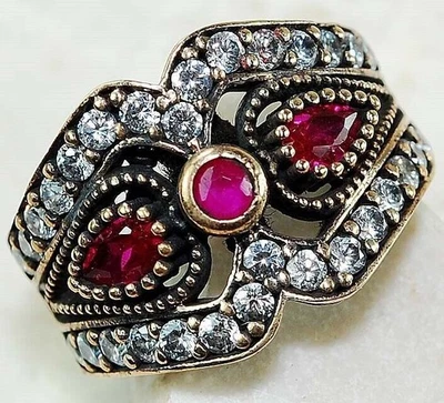 Ottoman Empire Style 2CT Treated Ruby 925 Solid Sterling Silver Ring Sz 7  - Image 1 of 3