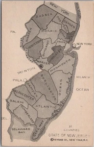 Vintage 1940s NEW JERSEY State Map Postcard "21 Counties" MAYROSE CO. / Unused - Picture 1 of 2