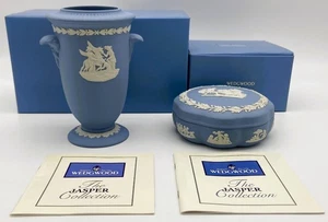Lot of 2 Wedgewood Pale Blue Jasperware Pieces, Vase & Scalloped Trinket Box - Picture 1 of 21