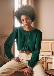 Sezane Women 36 US 4 Ivy Blouse Long Sleeve Emerald Green Floral Lace Detail Top - Picture 1 of 10