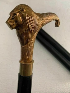 Vintage Antique Brass Lion Head Handle Victorian Wooden Walking Stick Solid Cane - Picture 1 of 6