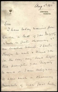 1911 Letter Earl of Lonsdale to King GEORGE V, receipt of the Kings BUST - Picture 1 of 4