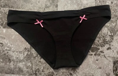 NWT VICTORIA'S SECRET PINK LARGE BLACK RUCHED VINTAGE RARE CHEEKY BIKINI PANTIES - Image 1 of 3