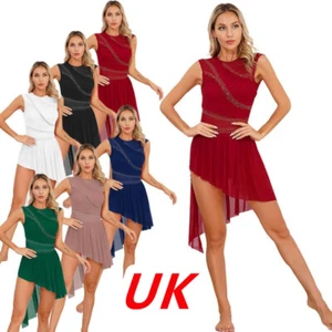 AU Womens Adult Sheer Mesh Lyrical Ballet Dance Chiffon Asymmetric Leotard Dress - Picture 1 of 64