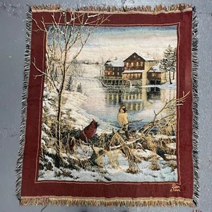 Vintage Cardinals Water Wheel House Woven Tapestry Blanket / Throw 53" x 47" - Picture 1 of 8
