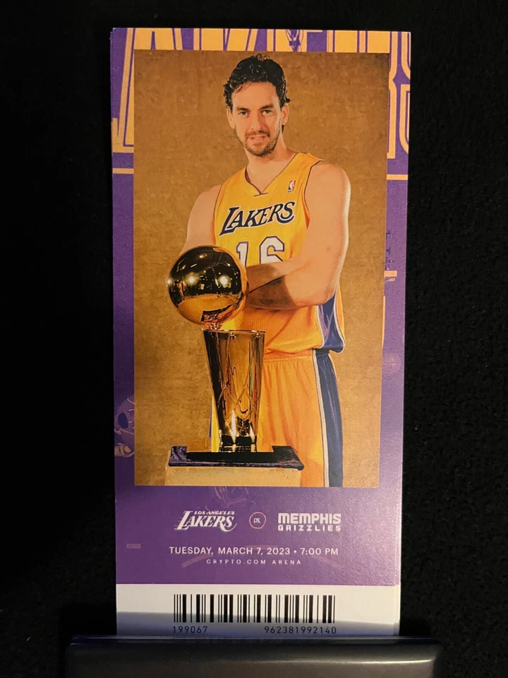 Ingresso comemorativo Lakers Pau Gasol vs Memphis 3/7/23 camisa aposentadoria - Imagem 1 de 1