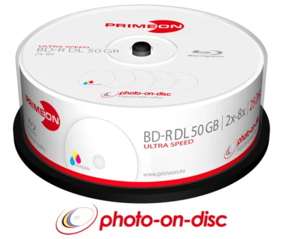 25 Primeon Rohlinge Blu-ray BD-R DL full printable photo on disc 50GB 8x Spindel - Bild 1 von 2