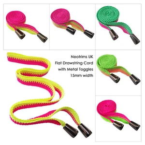 Flat Drawstring Cord Hoodie String with Metal Toggles Bright Neon Colours 15mm - Picture 1 of 19