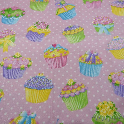 Cotton Brushed Flannel Fabric Traditions 2008 Pink Glitter Cupcakes 52"x43" - Image 1 of 4