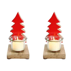2x Wood/Glass 15cm Tree Tealight Round Holder Decorative Christmas Display Red - Picture 1 of 2