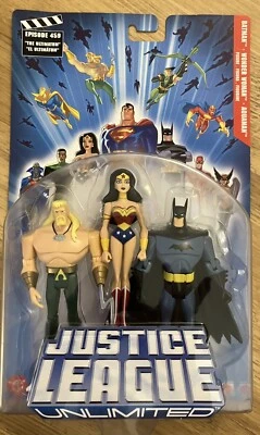 MATTEL 2004 JUSTICE LEAGUE UNLIMITED BATMAN WONDER WOMAN AQUAMAN 3 Pack NEW - Image 1 of 4