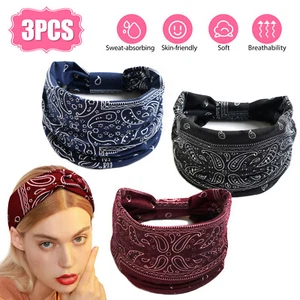 3Pcs Women Yoga Sports Wide Headband Elastic Boho Hair Bands Head Wrap Wristband - Picture 1 of 7