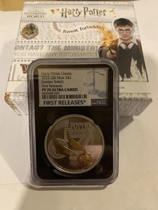 2022 $2 Harry Potter - Golden Snitch 1 oz Silver Coin NGC PF70UC FR Blue Label - Picture 1 of 5