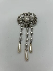 Vintage Dangle Brooch Faux Pearl Silver Tone Statement Pin - Picture 1 of 18