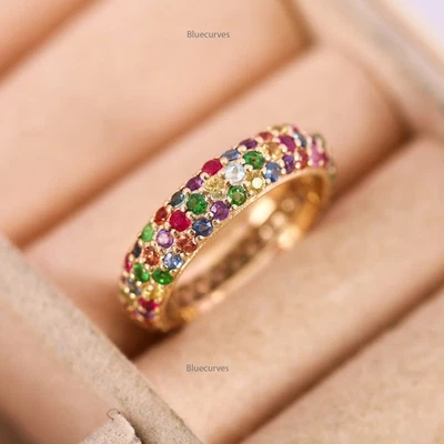 Anillo Tachonado Multi Zafiro Banda de Eternidad Oro Amarillo 18k Sólido Regalo de Aniversario Foto 1 de 4