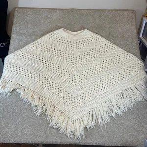 Häkel Fransen Poncho Pullover Bohemian Festival Style Creme Strick Boho Cover Up - Bild 1 von 13