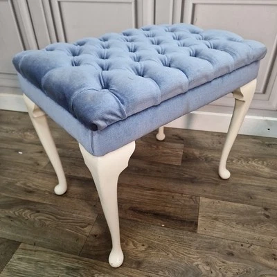 Retro Vintage Blue Velvet Buttoned Stool – Bedroom Dressing Table Piano Seat - Image 1 of 4