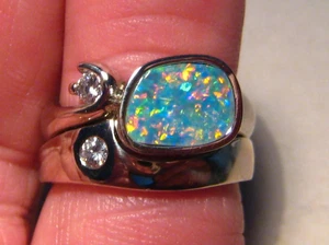 Interlocking Opal and Diamond Wedding Ring , Solid 18 k White Gold ,  11.3 grams - Picture 1 of 11